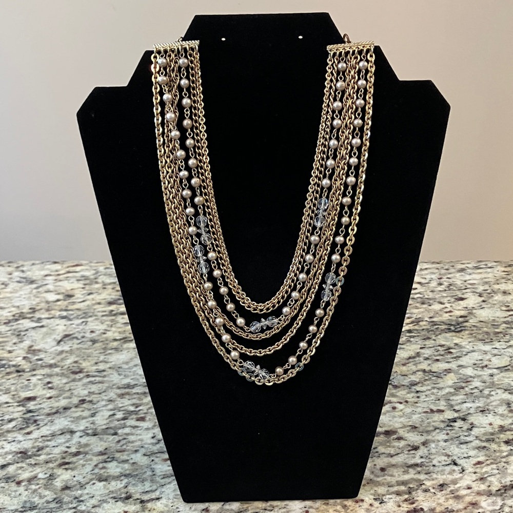 Gold Tone Multi-Strand Necklace Faux Pearls Crystal Beads Vintage Layered Chains